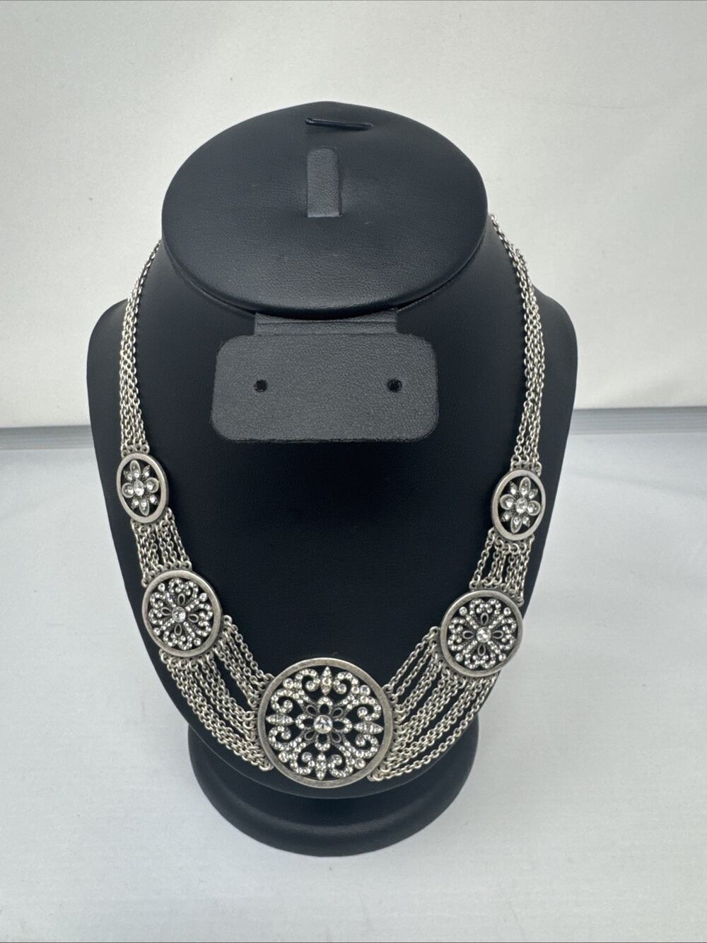 Touchstone Collar Necklace Angelique Silver Tone Multi Chain Station Crystal 18"
